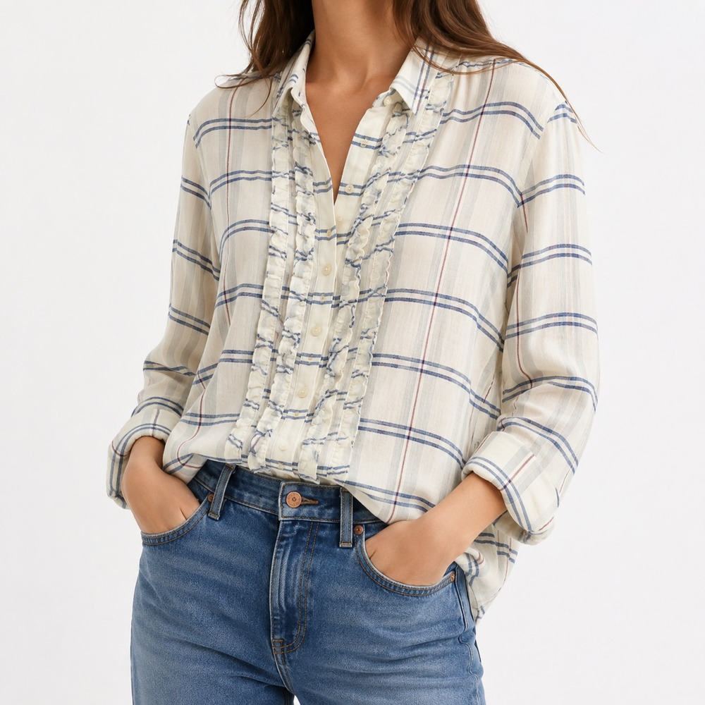 Anthropologie Pilcro Button Up Shirt Womens M Plaid Tuxedo Ruffle Preppy Coastal
